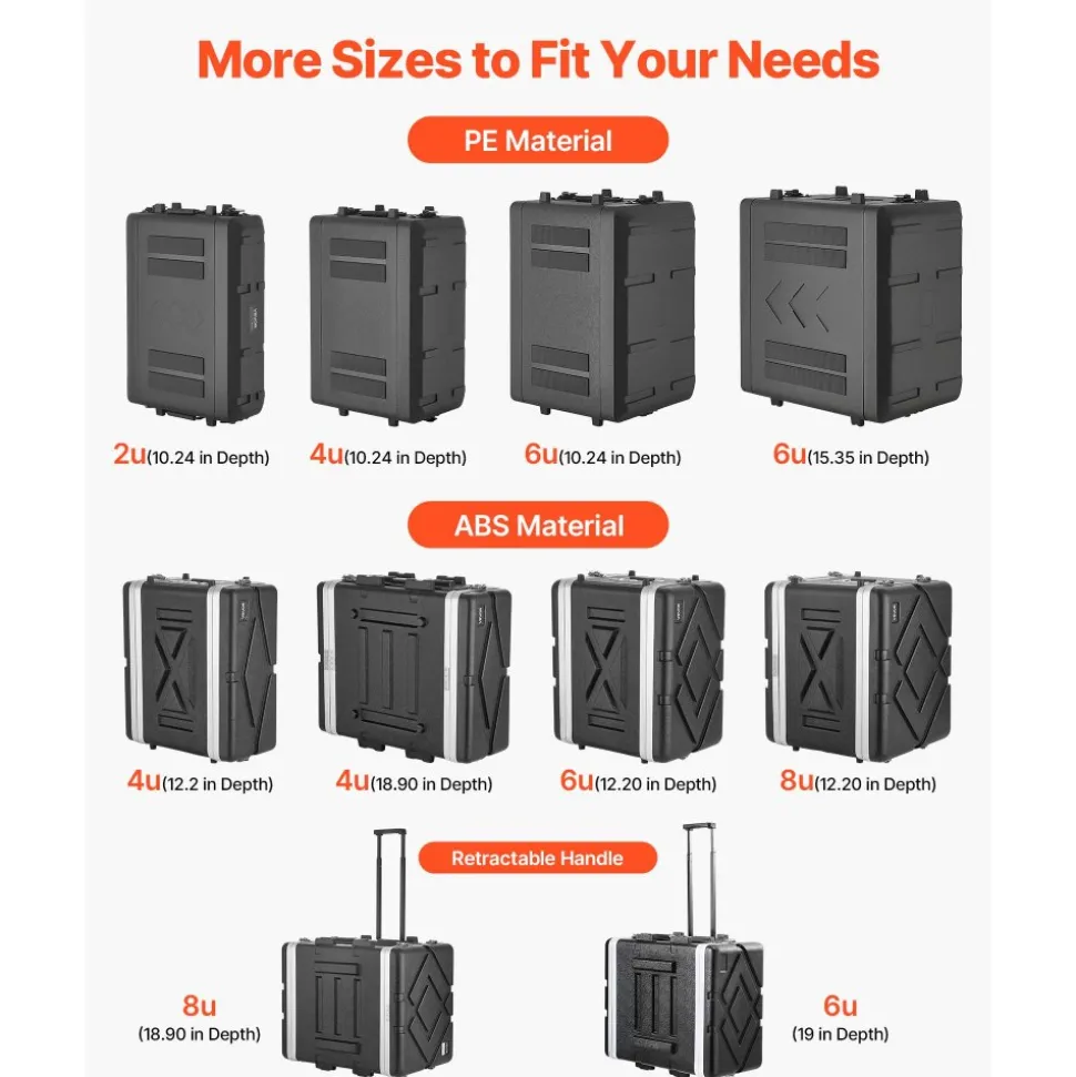 VEVOR 8U Rack Case, 14 in Depth, Server Rack Cabinet Shallow with ABS Construction, Recessed Twist Latches, Detachable Front & Back Cover, Easy Installation, for Amplifier, 11.4 in Internal Depth