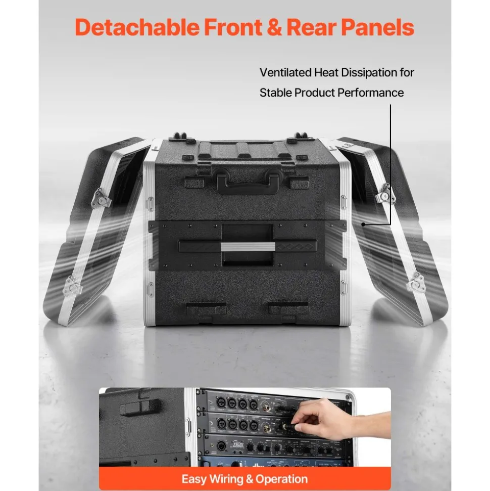 VEVOR 8U Rack Case, Standard 19 in Depth, Rolling Server Cabinet with Wheels, ABS Construction, Retractable Handle, Latches, for Amplifier (7U Rack Space + 1U Wheel Space), 18.4 in Internal Depth