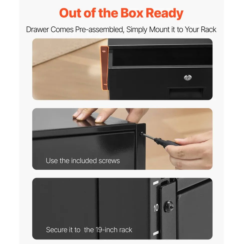 VEVOR 4U Rack Mount Drawer, 50 lbs Max Load-Bearing, Lockable Server Cabinet Case, Sliding Drawer with Lock and Cable Management Holes, for 19 in Network Equipment Server AV Rack or Cabinet Enclosure