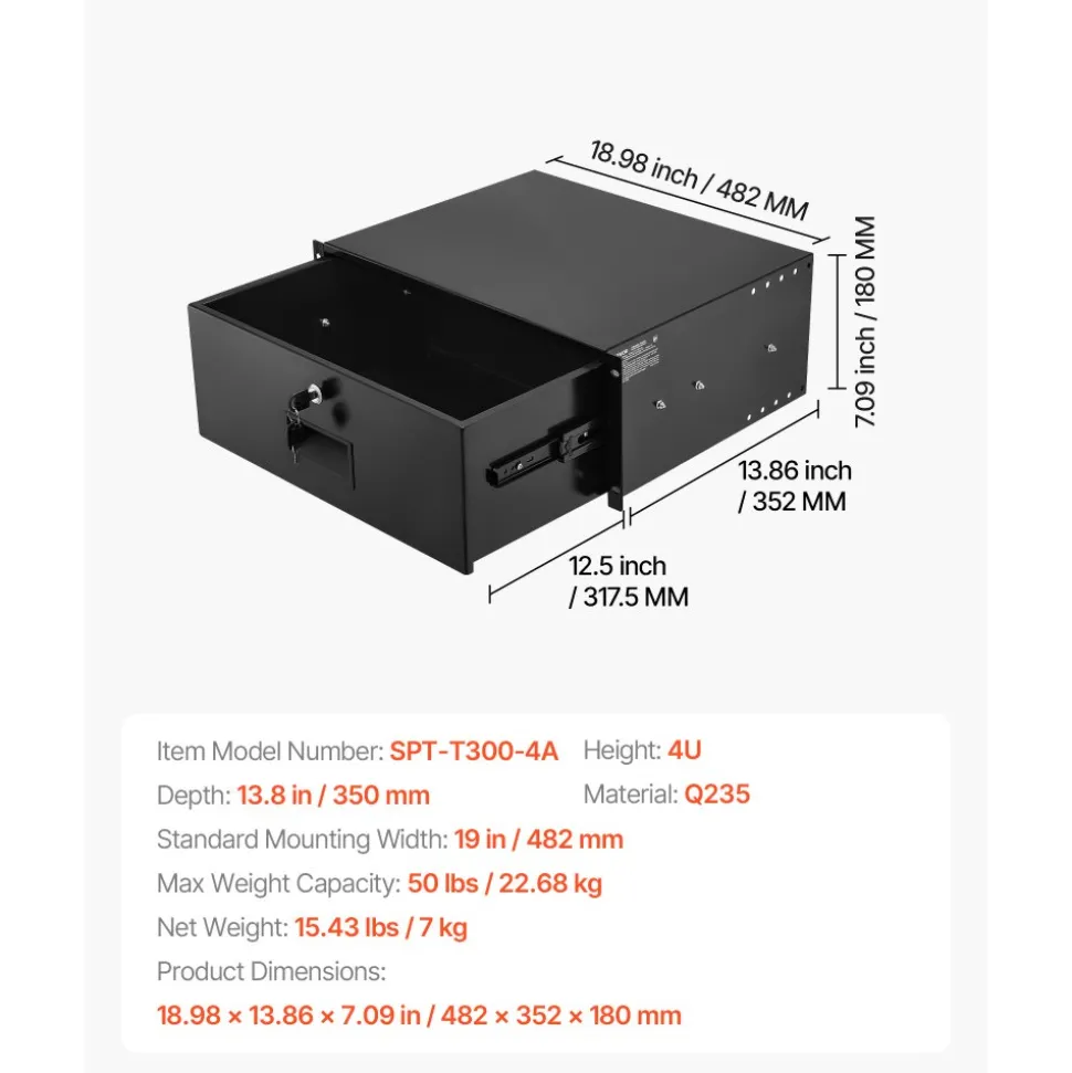 VEVOR 4U Rack Mount Drawer, 50 lbs Max Load-Bearing, Lockable Server Cabinet Case, Sliding Drawer with Lock and Cable Management Holes, for 19 in Network Equipment Server AV Rack or Cabinet Enclosure