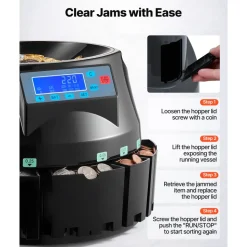 VEVOR USD Coin Counter & Coin Sorters with LCD Display, Coin Sorter Machine for USD Coin 1¢ 5¢ 10¢ 25¢ $1, Sorts up to 300 Coins/min, Change Counter Holds 2000 Coins Included 5 Coin Bins & 5 Tubes