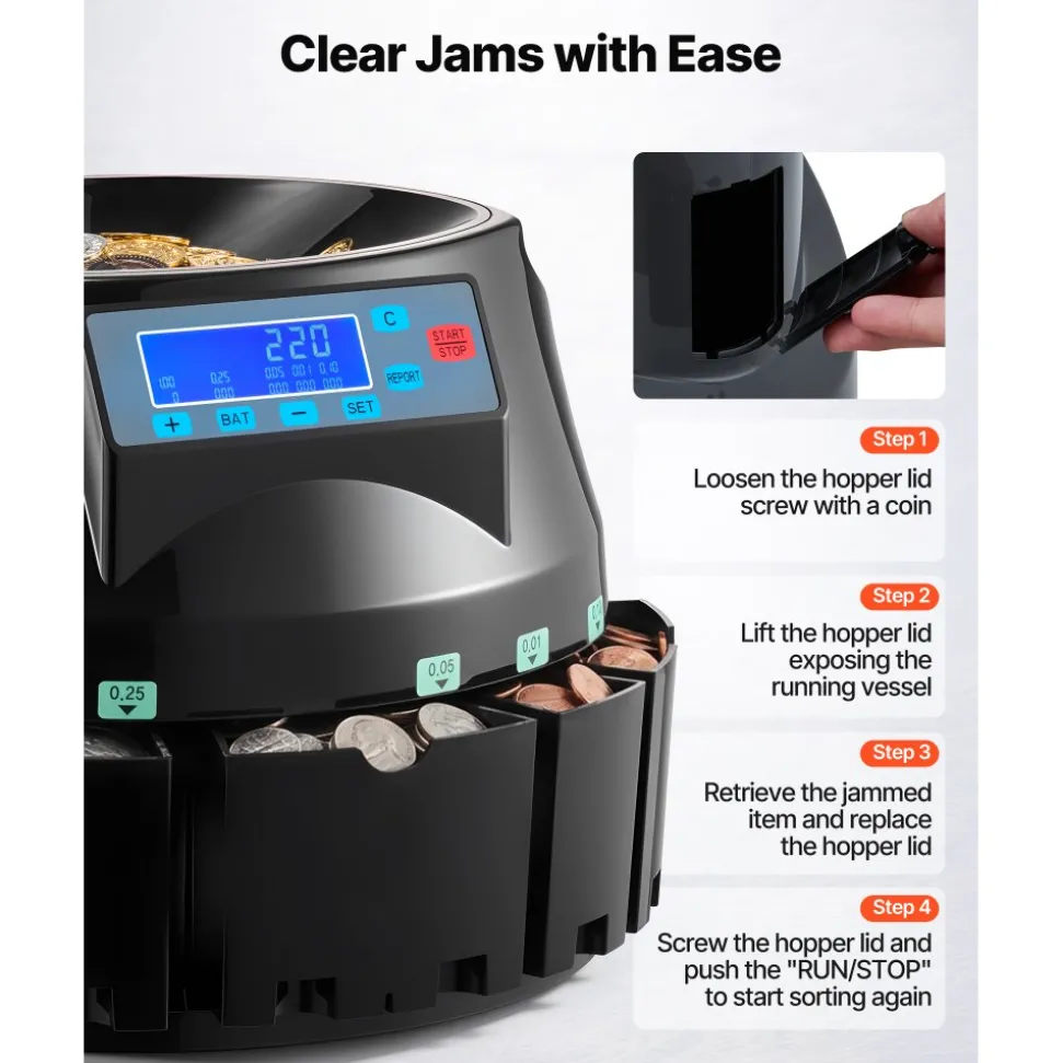 VEVOR USD Coin Counter & Coin Sorters with LCD Display, Coin Sorter Machine for USD Coin 1¢ 5¢ 10¢ 25¢ $1, Sorts up to 300 Coins/min, Change Counter Holds 2000 Coins Included 5 Coin Bins & 5 Tubes