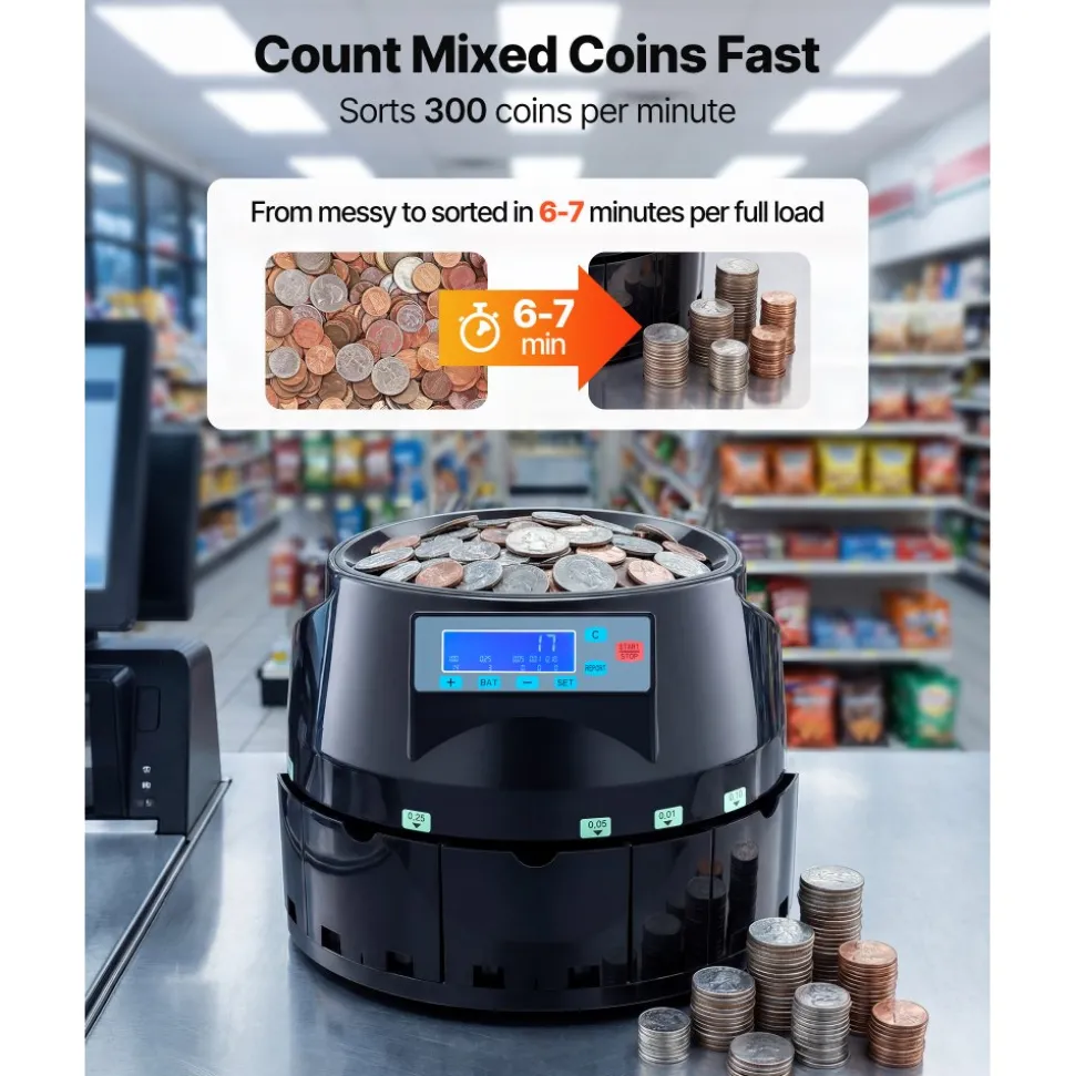 VEVOR USD Coin Counter & Coin Sorters with LCD Display, Coin Sorter Machine for USD Coin 1¢ 5¢ 10¢ 25¢ $1, Sorts up to 300 Coins/min, Change Counter Holds 2000 Coins Included 5 Coin Bins & 5 Tubes