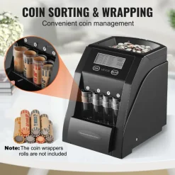 VEVOR USD Coin Sorter, Coin Counter Machine for 4 Kinds of USD Coins, Coin Sorter and Wrapper Machine Holds up to 200 Coins, LCD Screen Display Coin Storage Included 4 Coin Tubes and Boxes