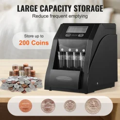 VEVOR USD Coin Sorter, Coin Counter Machine for 4 Kinds of USD Coins, Coin Sorter and Wrapper Machine Holds up to 200 Coins, LCD Screen Display Coin Storage Included 4 Coin Tubes and Boxes