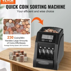 VEVOR USD Coin Sorter, Coin Counter Machine for 4 Kinds of USD Coins, Coin Sorter and Wrapper Machine Holds up to 200 Coins, LCD Screen Display Coin Storage Included 4 Coin Tubes and Boxes