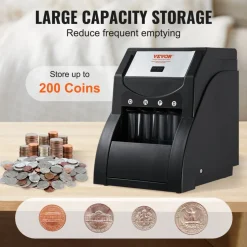 VEVOR USD Coin Sorter, Coin Sorter Machine for USD Coin 1¢ 5¢ 10¢ 25¢, Sorts up to 230 Coins/min, Coin Sorter and Wrapper Machine Holds 200 Coins Included 4 Coin Tubes, Black