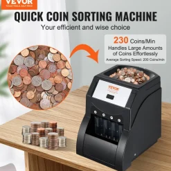 VEVOR USD Coin Sorter, Coin Sorter Machine for USD Coin 1¢ 5¢ 10¢ 25¢, Sorts up to 230 Coins/min, Coin Sorter and Wrapper Machine Holds 200 Coins Included 4 Coin Tubes, Black