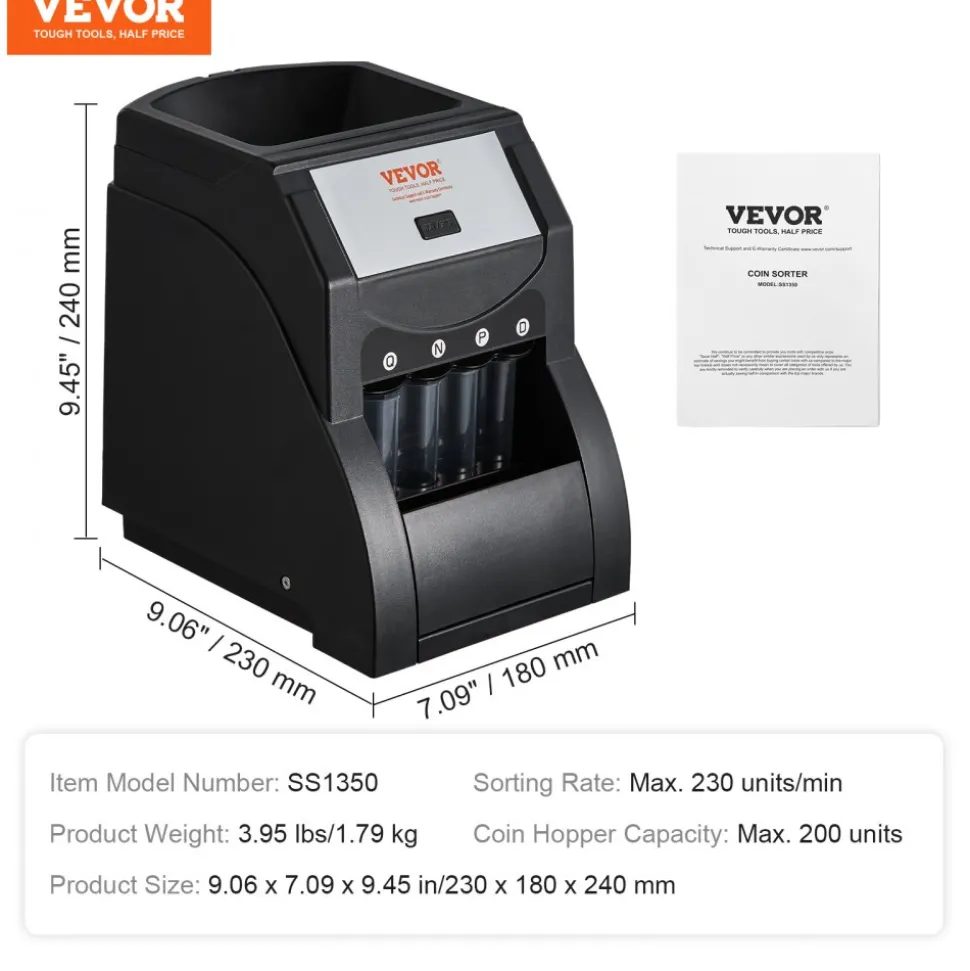 VEVOR USD Coin Sorter, Coin Sorter Machine for USD Coin 1¢ 5¢ 10¢ 25¢, Sorts up to 230 Coins/min, Coin Sorter and Wrapper Machine Holds 200 Coins Included 4 Coin Tubes, Black