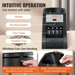 VEVOR USD Coin Sorter, Coin Sorter Machine for USD Coin 1¢ 5¢ 10¢ 25¢, Sorts up to 230 Coins/min, Coin Sorter and Wrapper Machine Holds 200 Coins Included 4 Coin Tubes, Black