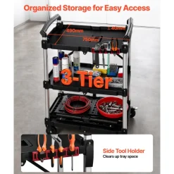 VEVOR Utility Cart, 300 lbs Capacity, 3 Tier Folding Service Cart with 360° Swivel Wheels (2 with Brakes), Heavy Duty Rolling with Trays & Side Tool Holder, Tool Storage for Garage Warehouse Workshop