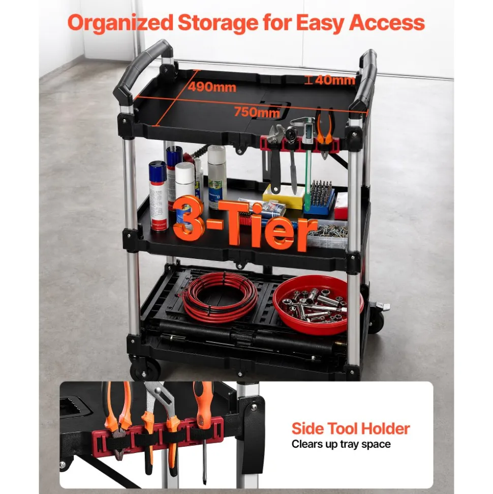 VEVOR Utility Cart, 300 lbs Capacity, 3 Tier Folding Service Cart with 360° Swivel Wheels (2 with Brakes), Heavy Duty Rolling with Trays & Side Tool Holder, Tool Storage for Garage Warehouse Workshop