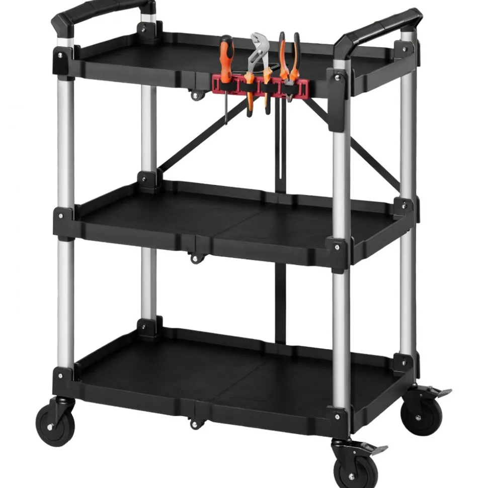 VEVOR Utility Cart, 300 lbs Capacity, 3 Tier Folding Service Cart with 360° Swivel Wheels (2 with Brakes), Heavy Duty Rolling with Trays & Side Tool Holder, Tool Storage for Garage Warehouse Workshop