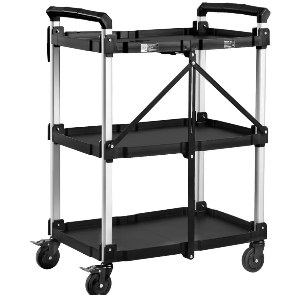 VEVOR Utility Cart, 300 lbs Capacity, 3 Tier Folding Service Cart with 360° Swivel Wheels (2 with Brakes), Heavy Duty Rolling with Trays & Side Tool Holder, Tool Storage for Garage Warehouse Workshop
