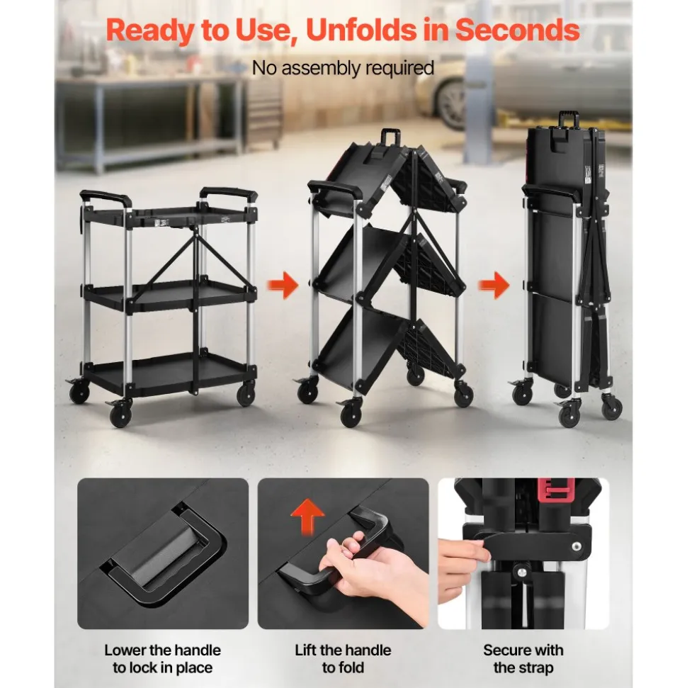VEVOR Utility Cart, 300 lbs Capacity, 3 Tier Folding Service Cart with 360° Swivel Wheels (2 with Brakes), Heavy Duty Rolling with Trays & Side Tool Holder, Tool Storage for Garage Warehouse Workshop
