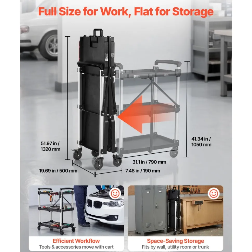 VEVOR Utility Cart, 300 lbs Capacity, 3 Tier Folding Service Cart with 360° Swivel Wheels (2 with Brakes), Heavy Duty Rolling with Trays & Side Tool Holder, Tool Storage for Garage Warehouse Workshop