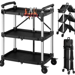 VEVOR Utility Cart, 300 lbs Capacity, 3 Tier Folding Service Cart with 360° Swivel Wheels (2 with Brakes), Heavy Duty Rolling with Trays & Side Tool Holder, Tool Storage for Garage Warehouse Workshop