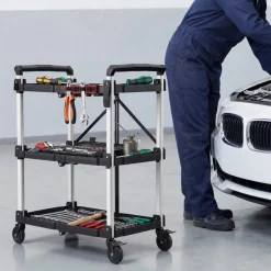 VEVOR Utility Cart, 300 lbs Capacity, 3 Tier Folding Service Cart with 360° Swivel Wheels (2 with Brakes), Heavy Duty Rolling with Trays & Side Tool Holder, Tool Storage for Garage Warehouse Workshop