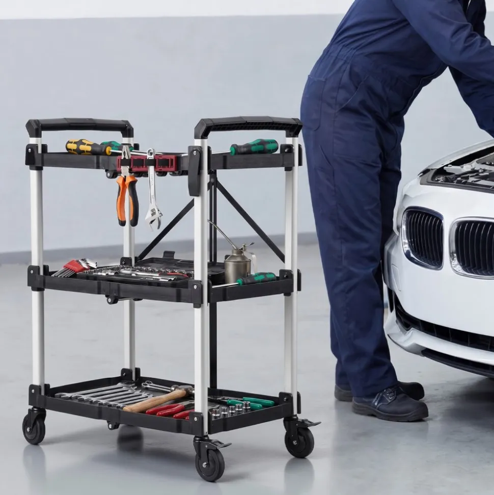 VEVOR Utility Cart, 300 lbs Capacity, 3 Tier Folding Service Cart with 360° Swivel Wheels (2 with Brakes), Heavy Duty Rolling with Trays & Side Tool Holder, Tool Storage for Garage Warehouse Workshop