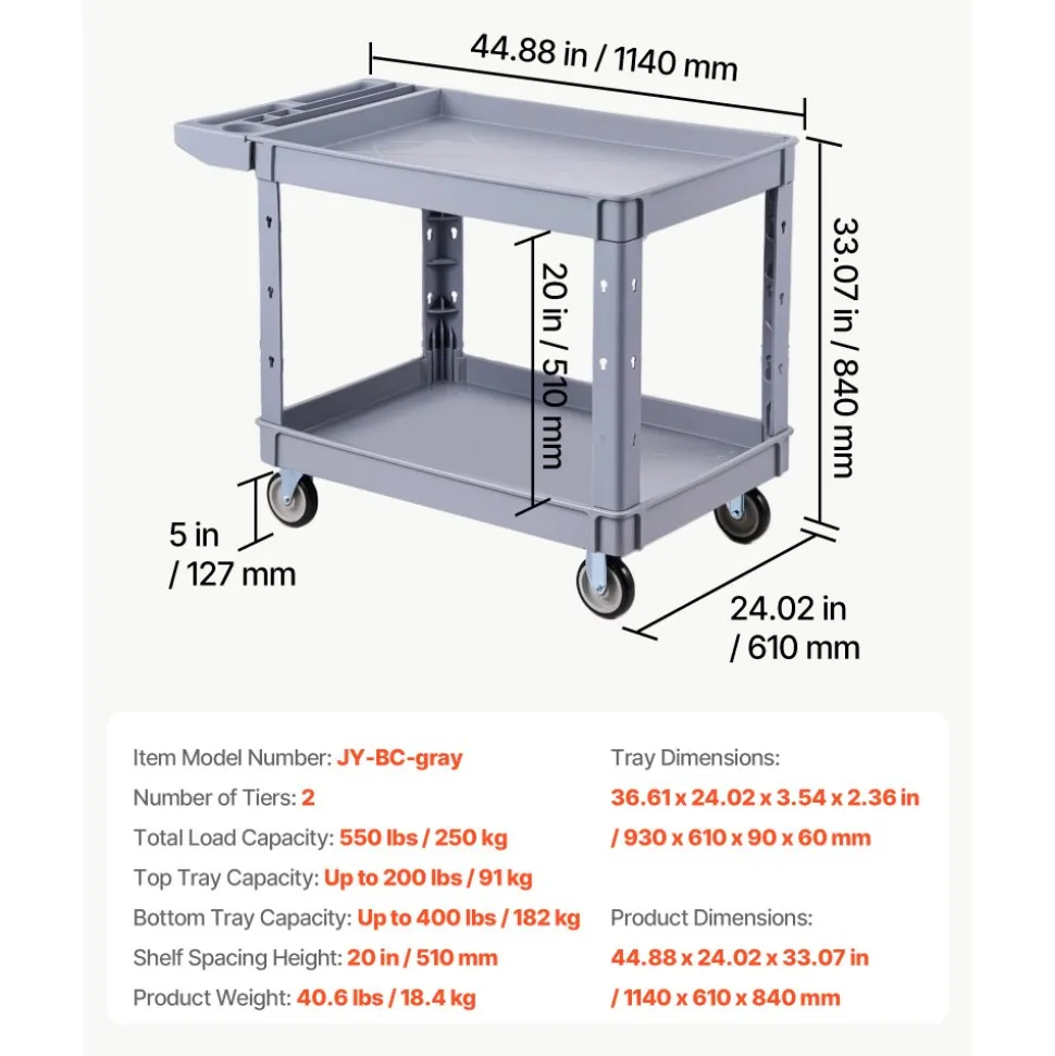VEVOR Utility Cart, 550 lbs Capacity, 2 Tier Service Cart with 360° Swivel & Fixed Wheels (2 with Brakes), Heavy Duty Plastic Rolling with Storage Tray, Tool Storage for Garage Warehouse Workshop Gray