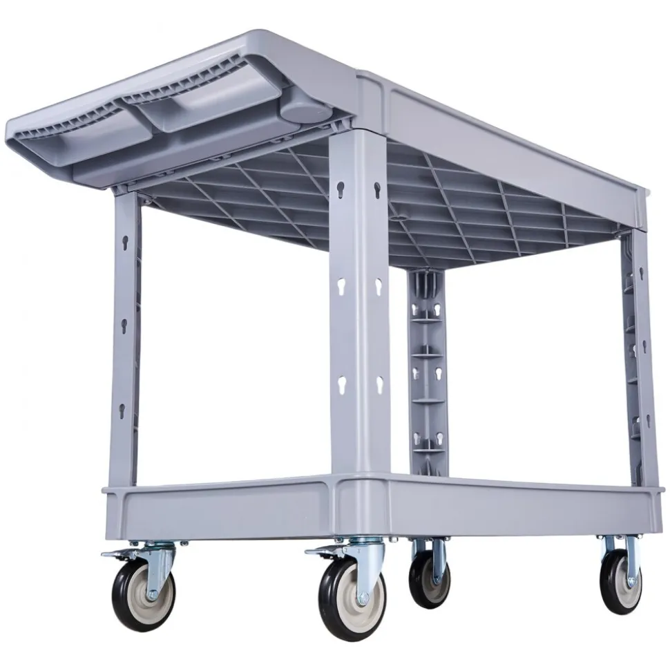 VEVOR Utility Cart, 550 lbs Capacity, 2 Tier Service Cart with 360° Swivel & Fixed Wheels (2 with Brakes), Heavy Duty Plastic Rolling with Storage Tray, Tool Storage for Garage Warehouse Workshop Gray