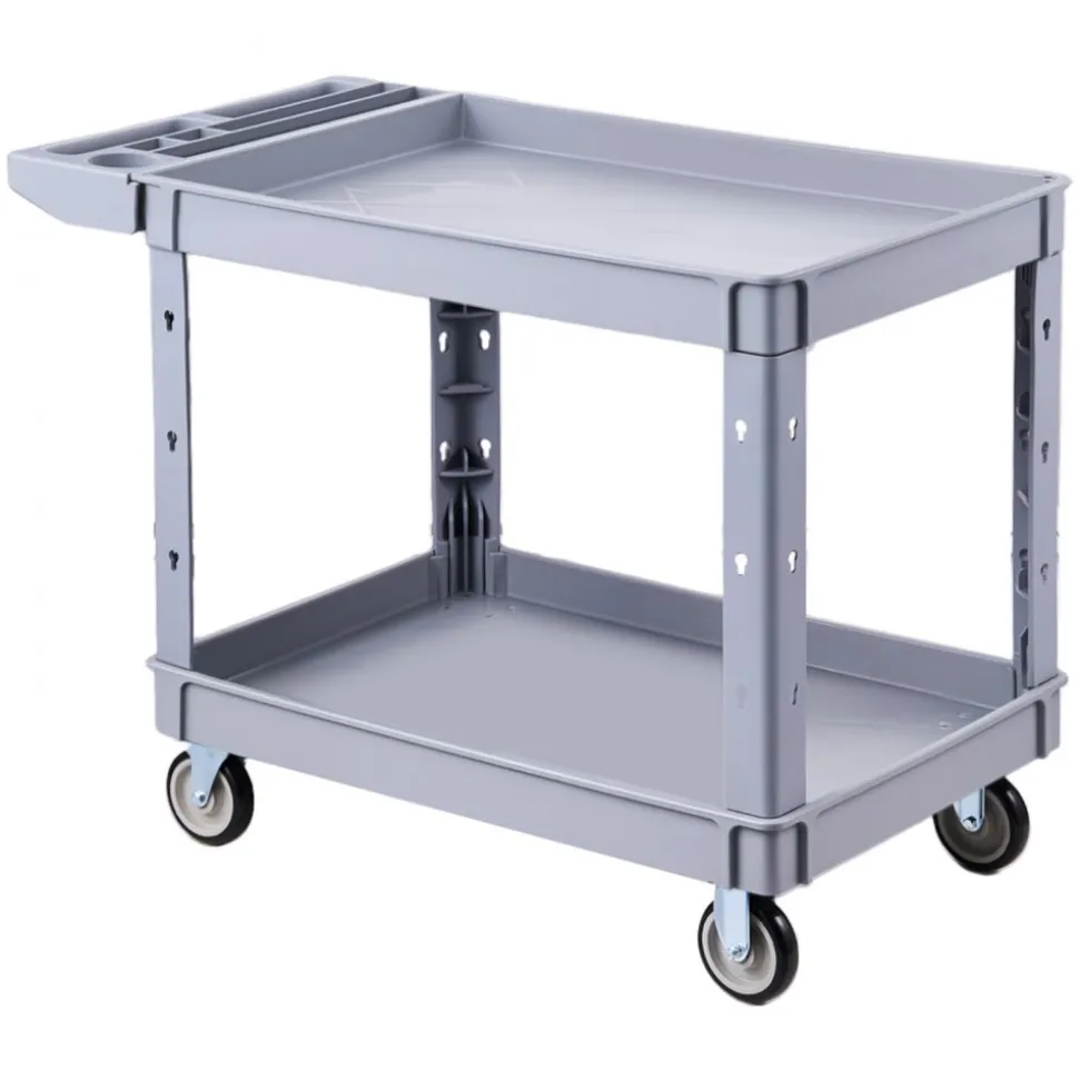 VEVOR Utility Cart, 550 lbs Capacity, 2 Tier Service Cart with 360° Swivel & Fixed Wheels (2 with Brakes), Heavy Duty Plastic Rolling with Storage Tray, Tool Storage for Garage Warehouse Workshop Gray