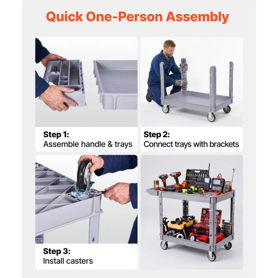 VEVOR Utility Cart, 550 lbs Capacity, 2 Tier Service Cart with 360° Swivel & Fixed Wheels (2 with Brakes), Heavy Duty Plastic Rolling with Storage Tray, Tool Storage for Garage Warehouse Workshop Gray