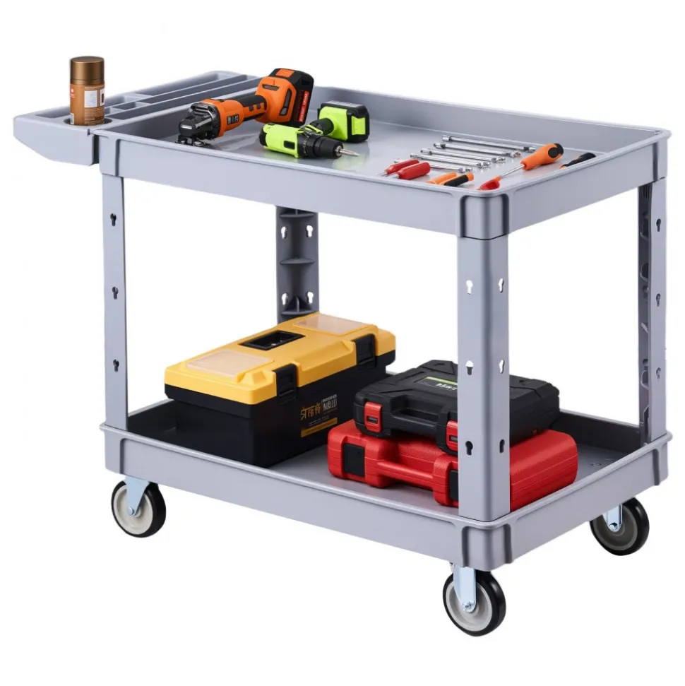 VEVOR Utility Cart, 550 lbs Capacity, 2 Tier Service Cart with 360° Swivel & Fixed Wheels (2 with Brakes), Heavy Duty Plastic Rolling with Storage Tray, Tool Storage for Garage Warehouse Workshop Gray