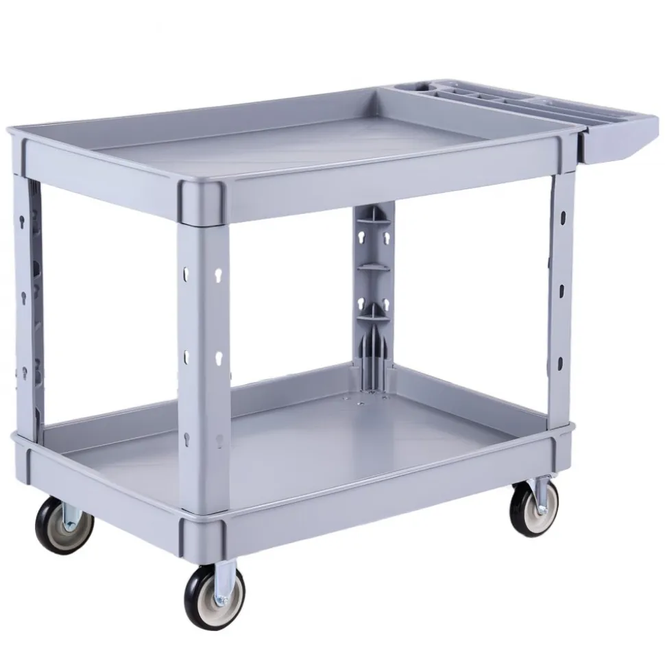 VEVOR Utility Cart, 550 lbs Capacity, 2 Tier Service Cart with 360° Swivel & Fixed Wheels (2 with Brakes), Heavy Duty Plastic Rolling with Storage Tray, Tool Storage for Garage Warehouse Workshop Gray