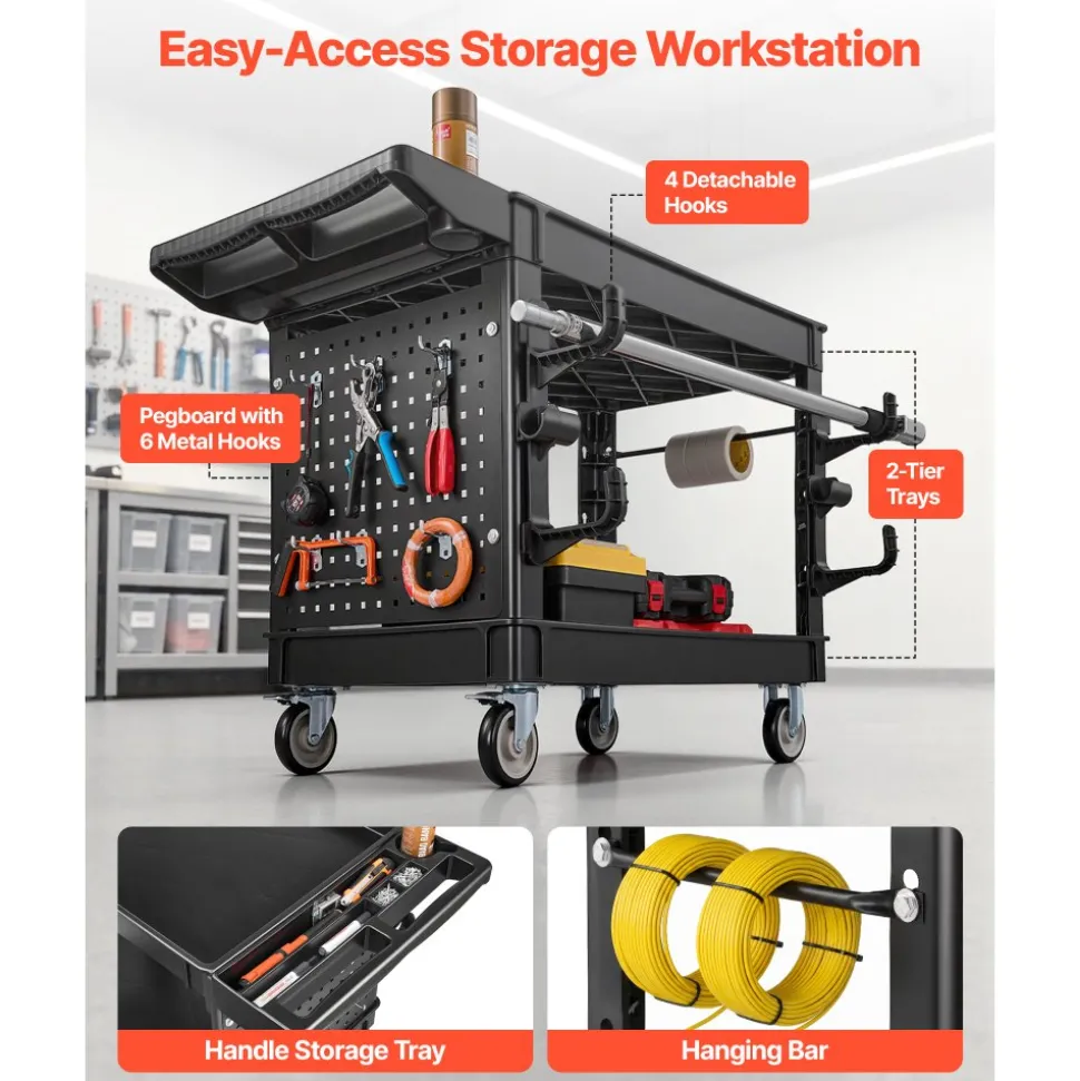 VEVOR Utility Cart, 550 lbs Capacity, 2 Tier Service Cart with 360° Swivel & Fixed Wheels (2 with Brakes), Heavy Duty Plastic Rolling with Tray and Pegboard, Tool Storage for Garage Warehouse, Black