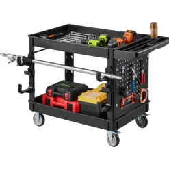 VEVOR Utility Cart, 550 lbs Capacity, 2 Tier Service Cart with 360° Swivel & Fixed Wheels (2 with Brakes), Heavy Duty Plastic Rolling with Tray and Pegboard, Tool Storage for Garage Warehouse, Black