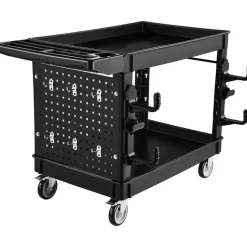 VEVOR Utility Cart, 550 lbs Capacity, 2 Tier Service Cart with 360° Swivel & Fixed Wheels (2 with Brakes), Heavy Duty Plastic Rolling with Tray and Pegboard, Tool Storage for Garage Warehouse, Black
