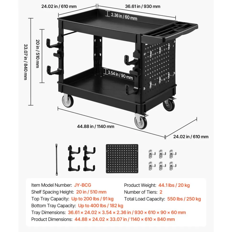 VEVOR Utility Cart, 550 lbs Capacity, 2 Tier Service Cart with 360° Swivel & Fixed Wheels (2 with Brakes), Heavy Duty Plastic Rolling with Tray and Pegboard, Tool Storage for Garage Warehouse, Black