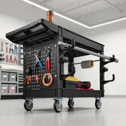 VEVOR Utility Cart, 550 lbs Capacity, 2 Tier Service Cart with 360° Swivel & Fixed Wheels (2 with Brakes), Heavy Duty Plastic Rolling with Tray and Pegboard, Tool Storage for Garage Warehouse, Black
