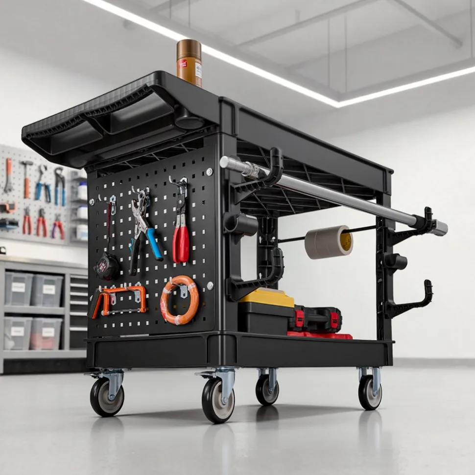 VEVOR Utility Cart, 550 lbs Capacity, 2 Tier Service Cart with 360° Swivel & Fixed Wheels (2 with Brakes), Heavy Duty Plastic Rolling with Tray and Pegboard, Tool Storage for Garage Warehouse, Black