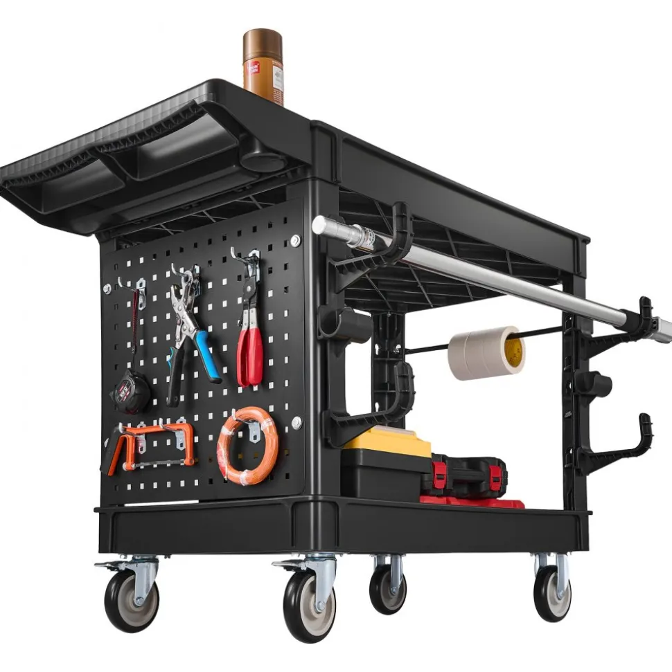 VEVOR Utility Cart, 550 lbs Capacity, 2 Tier Service Cart with 360° Swivel & Fixed Wheels (2 with Brakes), Heavy Duty Plastic Rolling with Tray and Pegboard, Tool Storage for Garage Warehouse, Black