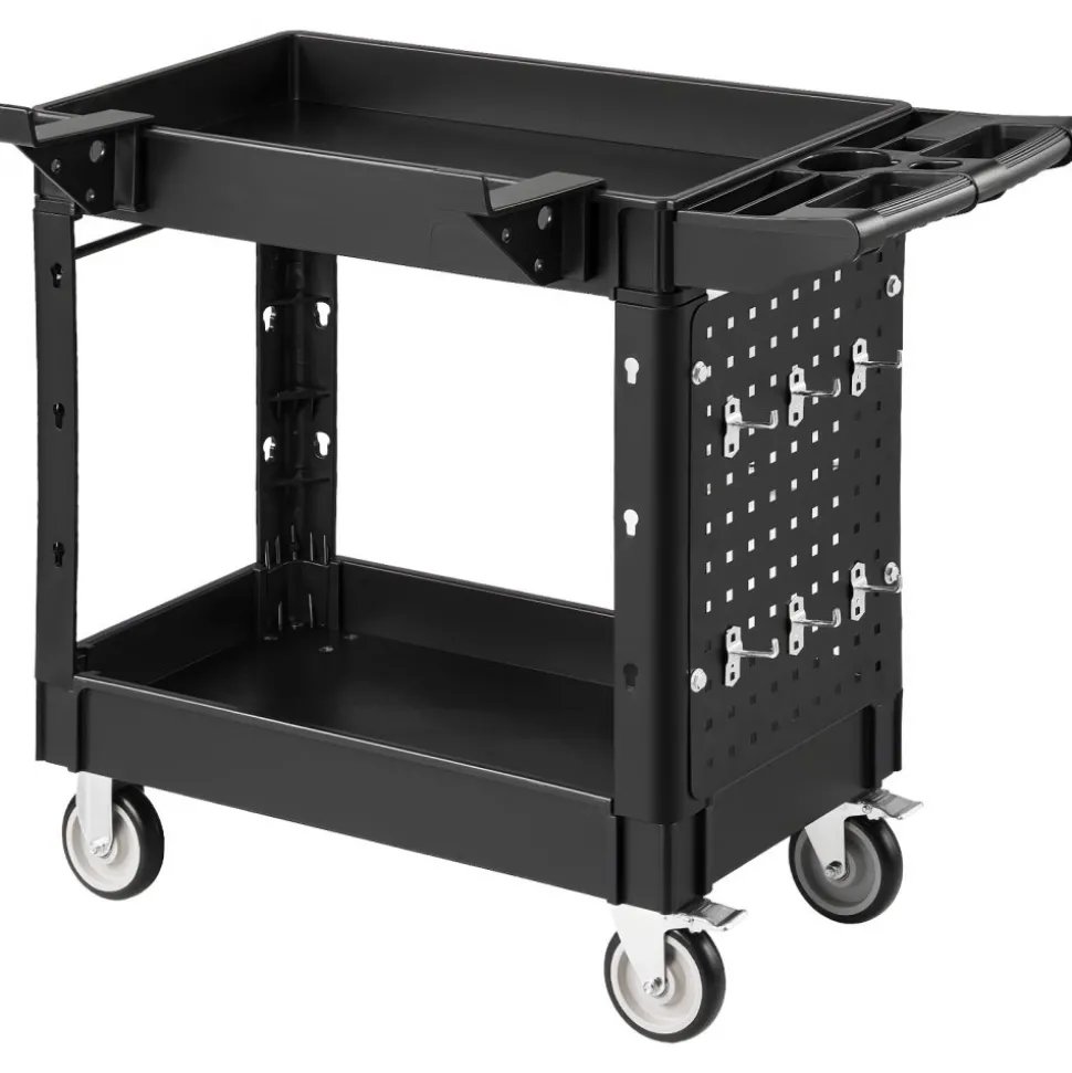 VEVOR Utility Cart, 550 lbs Capacity, 2 Tier Service Cart with 360° Swivel & Fixed Wheels (2 with Brakes), Heavy Duty Plastic Rolling with Tray and Pegboard, Tool Storage for Garage Warehouse Workshop