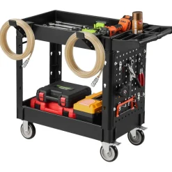 VEVOR Utility Cart, 550 lbs Capacity, 2 Tier Service Cart with 360° Swivel & Fixed Wheels (2 with Brakes), Heavy Duty Plastic Rolling with Tray and Pegboard, Tool Storage for Garage Warehouse Workshop