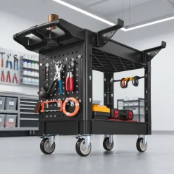 VEVOR Utility Cart, 550 lbs Capacity, 2 Tier Service Cart with 360° Swivel & Fixed Wheels (2 with Brakes), Heavy Duty Plastic Rolling with Tray and Pegboard, Tool Storage for Garage Warehouse Workshop