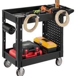 VEVOR Utility Cart, 550 lbs Capacity, 2 Tier Service Cart with 360° Swivel & Fixed Wheels (2 with Brakes), Heavy Duty Plastic Rolling with Tray and Pegboard, Tool Storage for Garage Warehouse Workshop