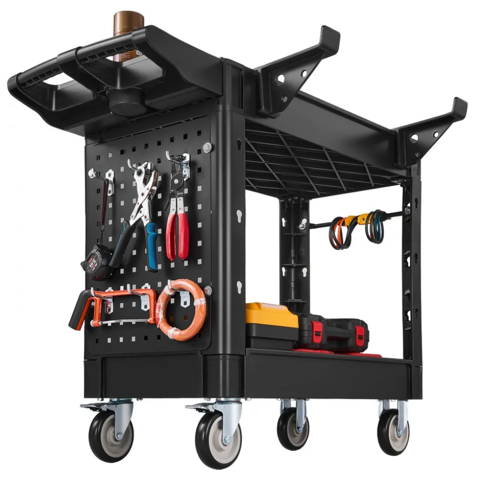 VEVOR Utility Cart, 550 lbs Capacity, 2 Tier Service Cart with 360° Swivel & Fixed Wheels (2 with Brakes), Heavy Duty Plastic Rolling with Tray and Pegboard, Tool Storage for Garage Warehouse Workshop