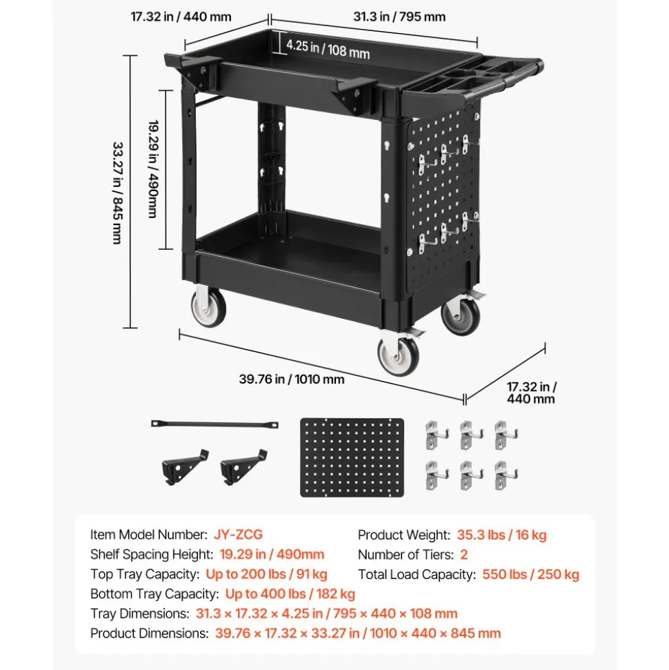 VEVOR Utility Cart, 550 lbs Capacity, 2 Tier Service Cart with 360° Swivel & Fixed Wheels (2 with Brakes), Heavy Duty Plastic Rolling with Tray and Pegboard, Tool Storage for Garage Warehouse Workshop