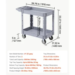 VEVOR Utility Cart, 550 lbs Capacity, 2 Tier Service Cart with 360° Swivel & Fixed Wheels (2 with Brakes), Heavy Duty Plastic Rolling with Storage Tray, Tool Storage for Garage Warehouse Workshop