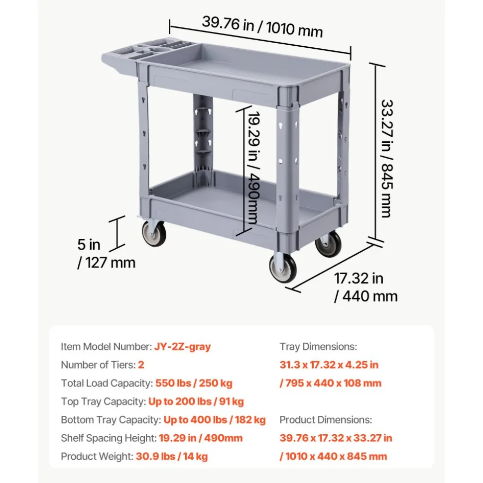 VEVOR Utility Cart, 550 lbs Capacity, 2 Tier Service Cart with 360° Swivel & Fixed Wheels (2 with Brakes), Heavy Duty Plastic Rolling with Storage Tray, Tool Storage for Garage Warehouse Workshop