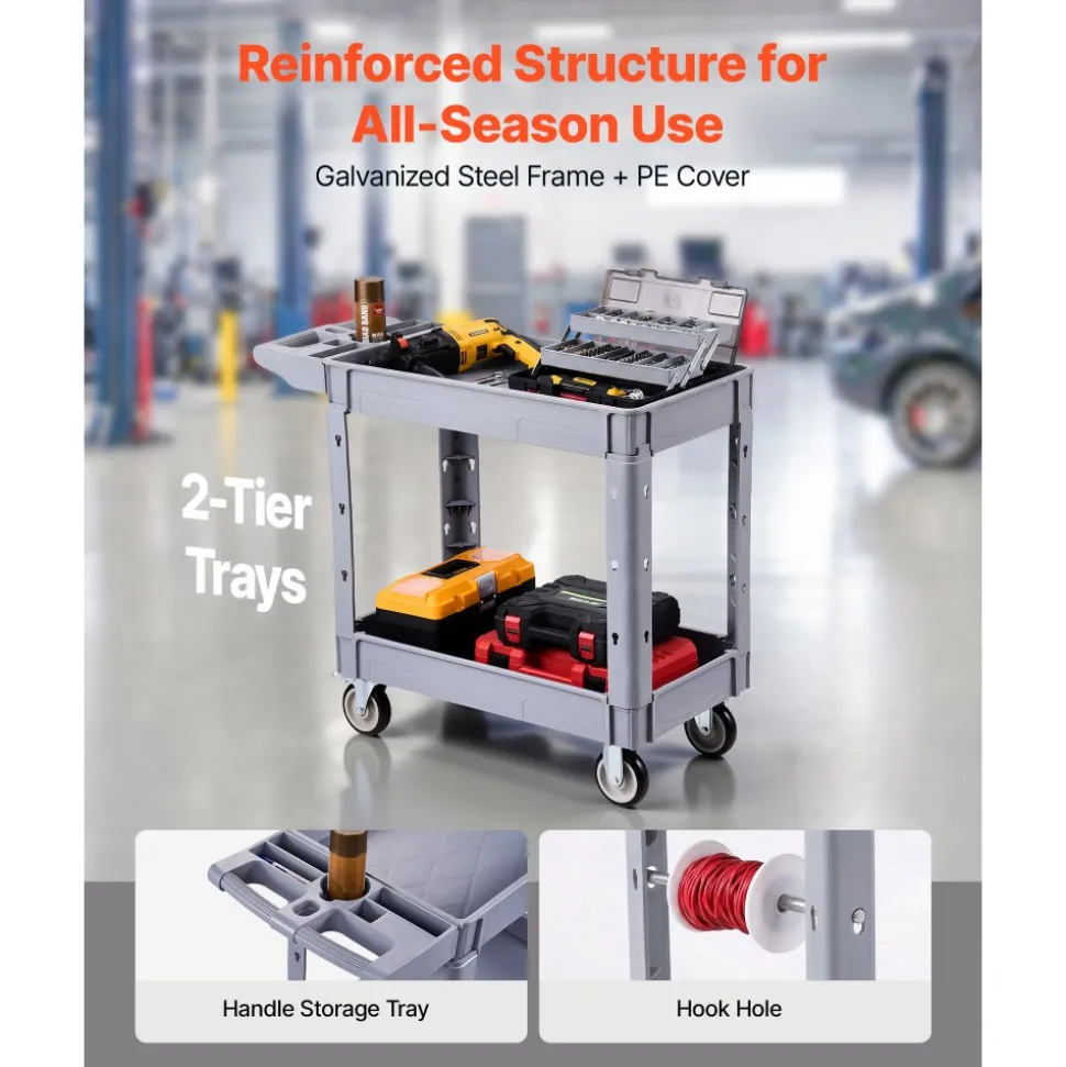 VEVOR Utility Cart, 550 lbs Capacity, 2 Tier Service Cart with 360° Swivel & Fixed Wheels (2 with Brakes), Heavy Duty Plastic Rolling with Storage Tray, Tool Storage for Garage Warehouse Workshop