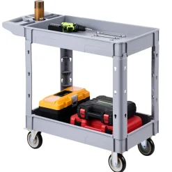 VEVOR Utility Cart, 550 lbs Capacity, 2 Tier Service Cart with 360° Swivel & Fixed Wheels (2 with Brakes), Heavy Duty Plastic Rolling with Storage Tray, Tool Storage for Garage Warehouse Workshop