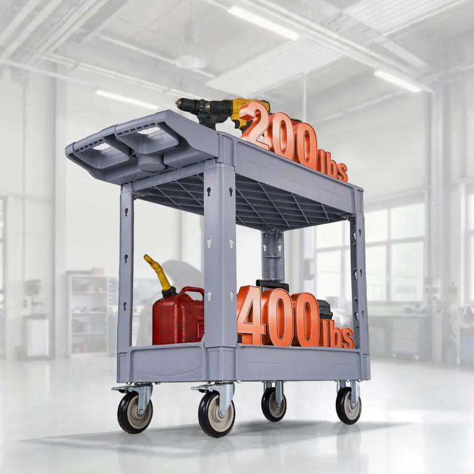 VEVOR Utility Cart, 550 lbs Capacity, 2 Tier Service Cart with 360° Swivel & Fixed Wheels (2 with Brakes), Heavy Duty Plastic Rolling with Storage Tray, Tool Storage for Garage Warehouse Workshop