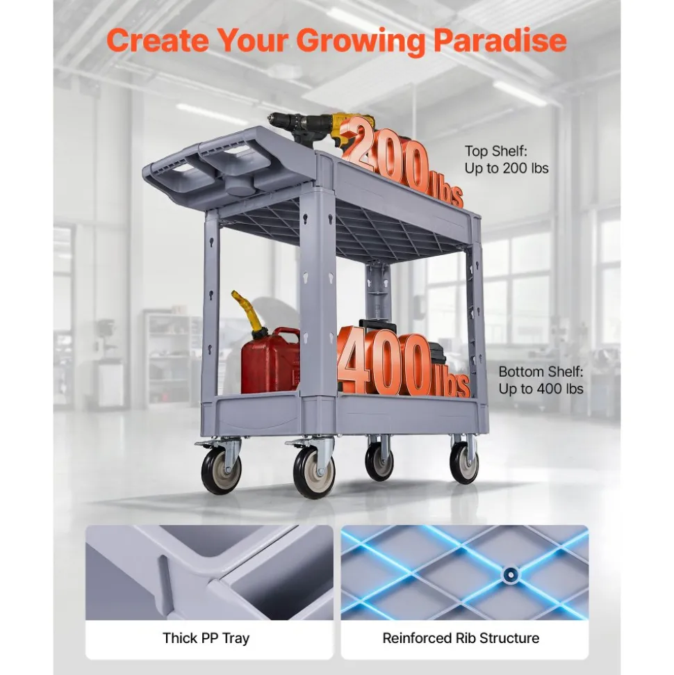 VEVOR Utility Cart, 550 lbs Capacity, 2 Tier Service Cart with 360° Swivel & Fixed Wheels (2 with Brakes), Heavy Duty Plastic Rolling with Storage Tray, Tool Storage for Garage Warehouse Workshop