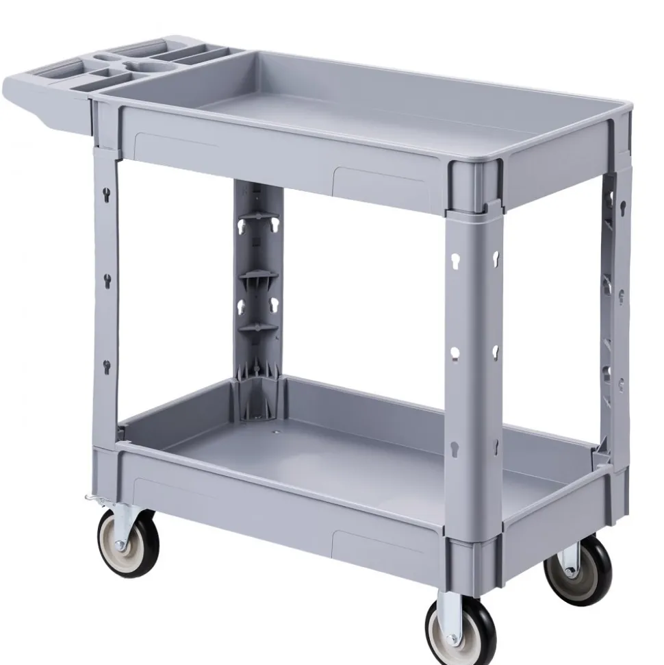VEVOR Utility Cart, 550 lbs Capacity, 2 Tier Service Cart with 360° Swivel & Fixed Wheels (2 with Brakes), Heavy Duty Plastic Rolling with Storage Tray, Tool Storage for Garage Warehouse Workshop