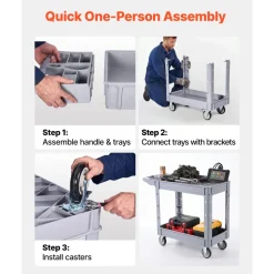 VEVOR Utility Cart, 550 lbs Capacity, 2 Tier Service Cart with 360° Swivel & Fixed Wheels (2 with Brakes), Heavy Duty Plastic Rolling with Storage Tray, Tool Storage for Garage Warehouse Workshop